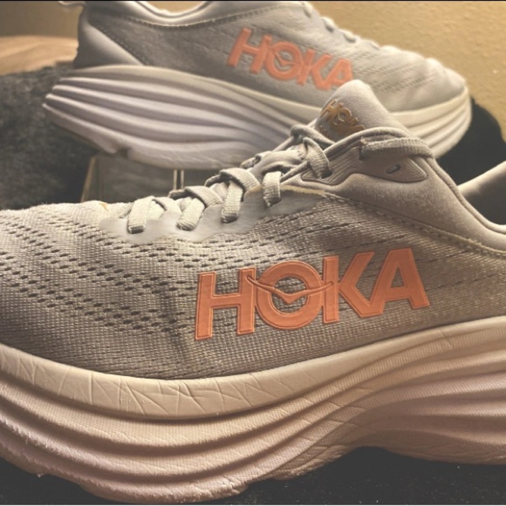 Hoka Light Gray and Peach Athletic Shoes